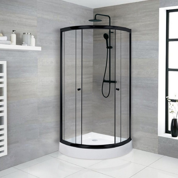 Dušas stūris pusapaļš Duschy 90x90 cm ar paliktni, melns/caurspīdīgs