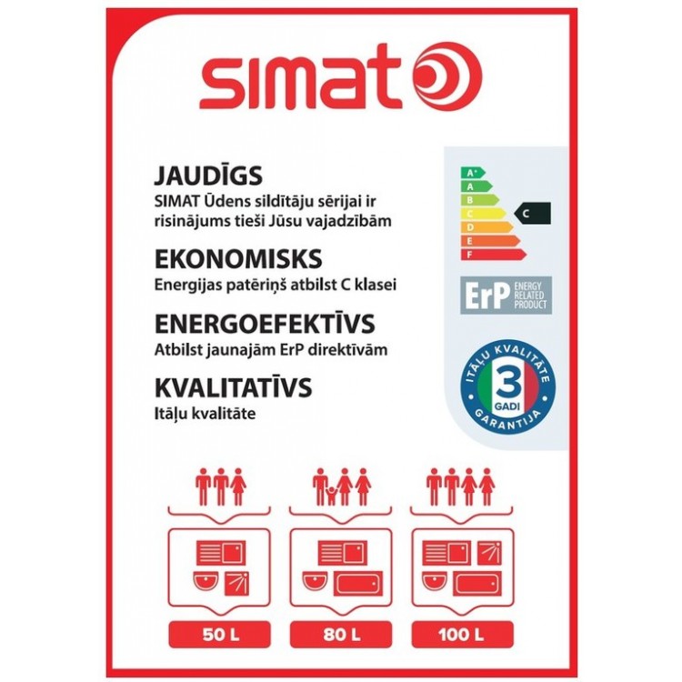 Elektriskais ūdens sildītājs (boileris) SIMAT 80 L vertikāls, NTS 80/10 (SIM), 11066