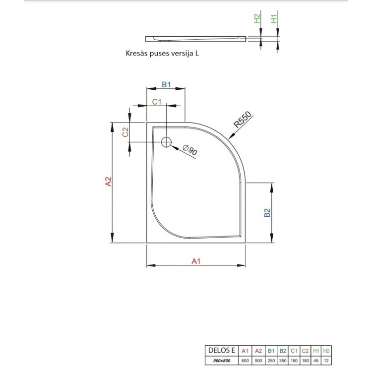 Dušas paliktnis asimetrisks Radaway DELOS E 90x80cm R