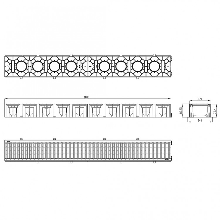 Kanāls ar cinkotā tērauda režģi ACO Hexaline 1000mm, A15