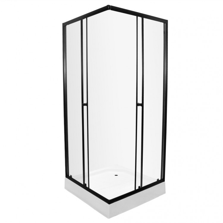 Dušas stūris kvadrātveida AQUALINE 90x90 cm ar paliktni, melns/caurspīdīgs