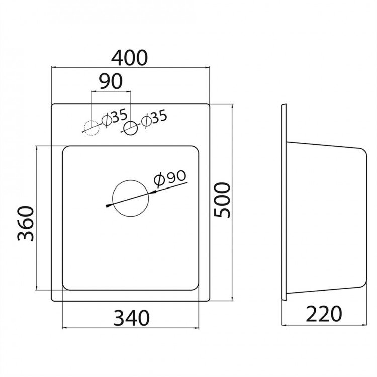Virtuves izlietne Aqualine Quadro 400x500 mm, 36S2001