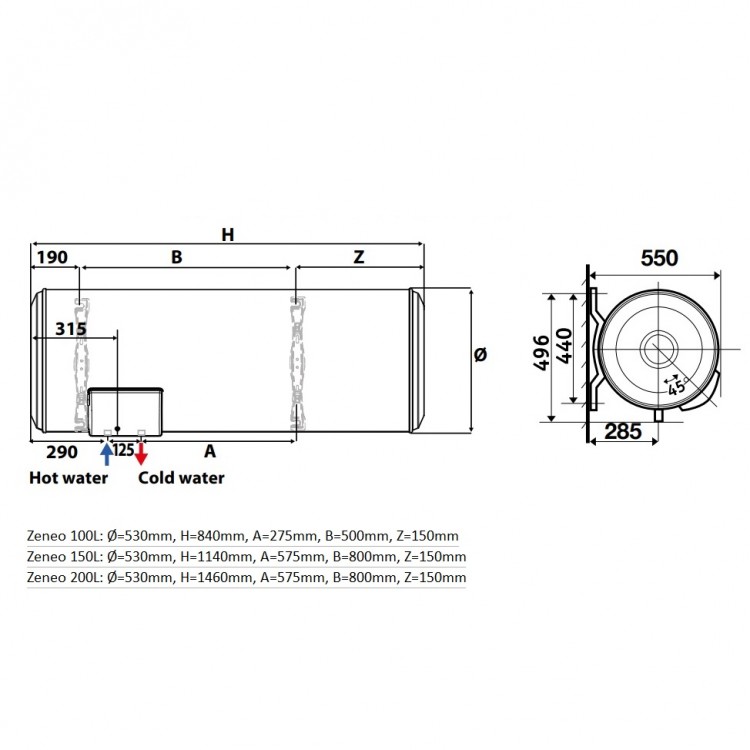 Elektriskais ūdens sildītājs (boileris) Atlantic Zeneo H-100L horizontāls ar sauso sildelementu, 155410