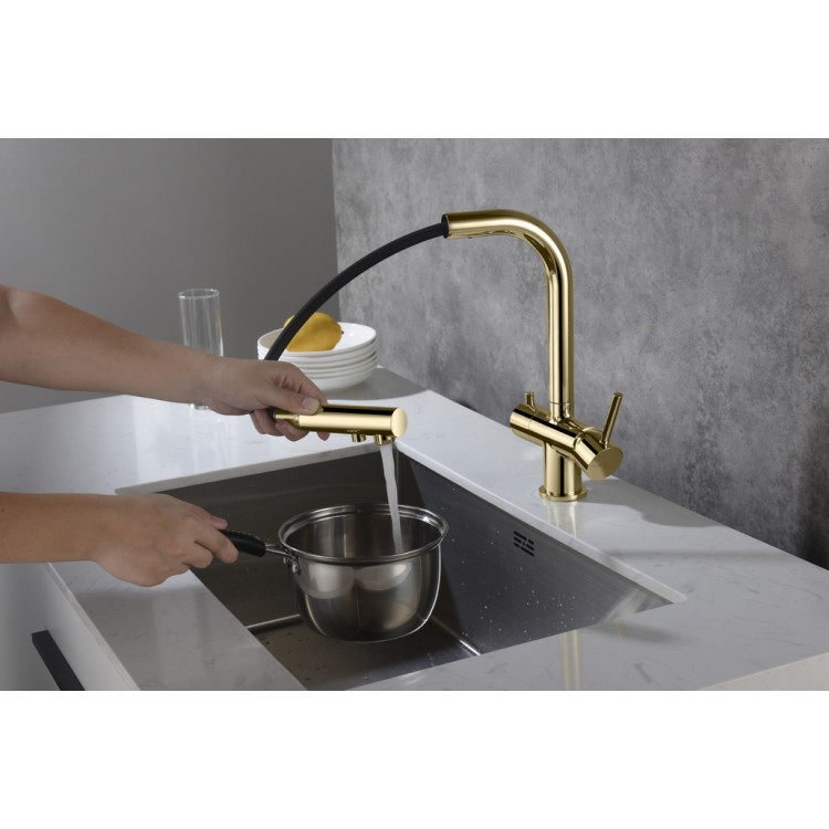 Virtuves izlietnes maisītājs dzeramajam ūdenim ar izvelkamu izteku BLUE WATER APALA, APALA-GOLD