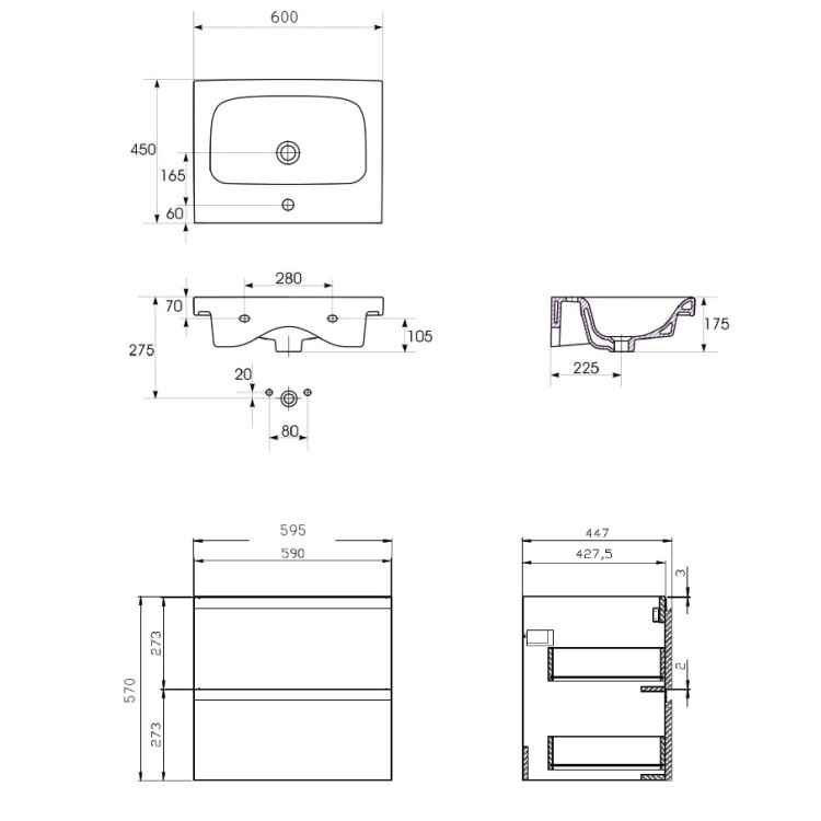 Vannas istabas skapītis ar izlietni Cersanit Moduo 60x45cm, balts