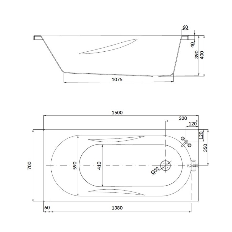 Taisnstūra vanna Cersanit Mito Red 150x70 cm, balta