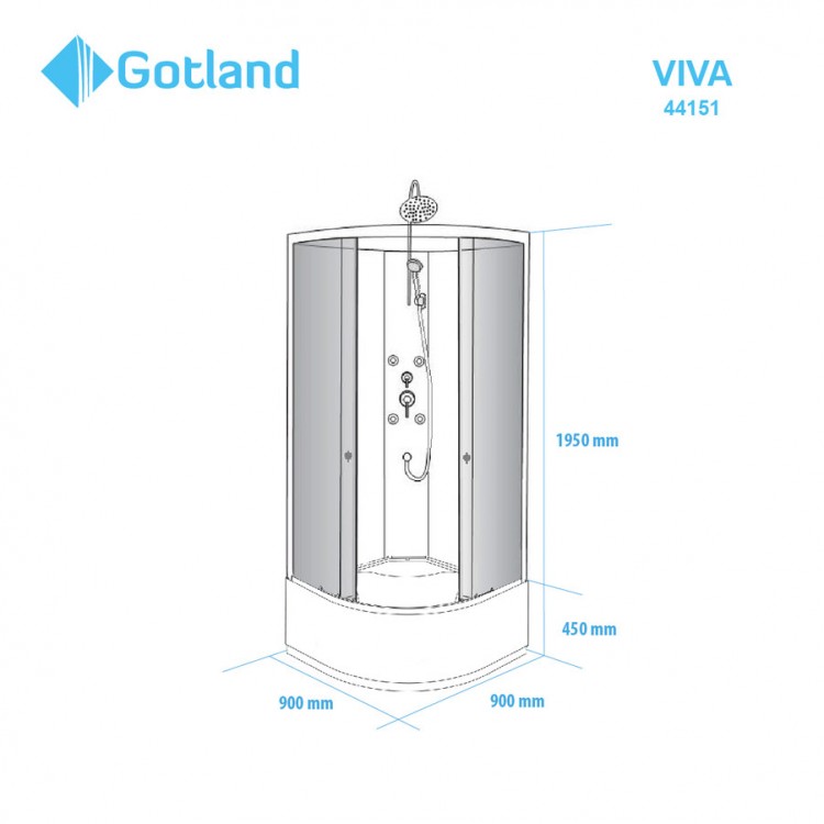 Masāžas dušas kabīne Gotland VIVA 90x90cm ar paliktni, 44151