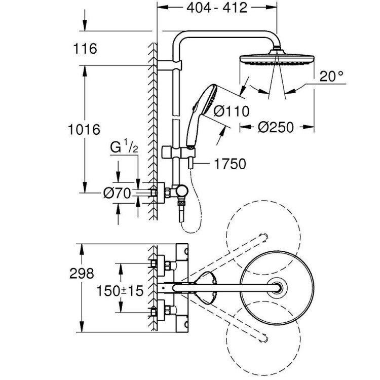 Termostata dušas sistēma Grohe Tempesta 250, 26670001