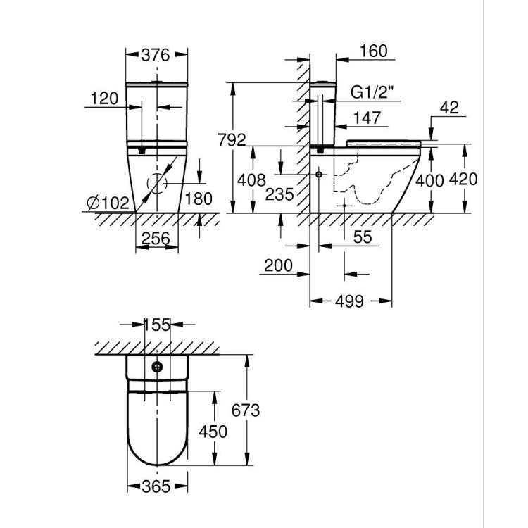 Tualetes pods Grohe EuroCeramic Rimless Triple Vortex ar vāku, 10513SH00