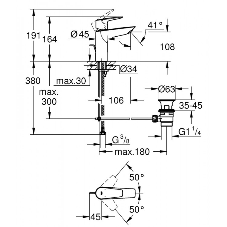 Izlietnes maisītājs Grohe BauEdge New ar noteces aizvaru, 23758001