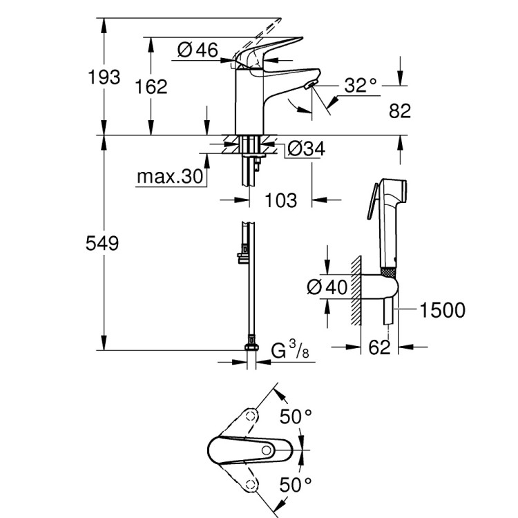 Izlietnes maisītājs ar bidetta rokas dušu Grohe Euroeco, hroms 24264001