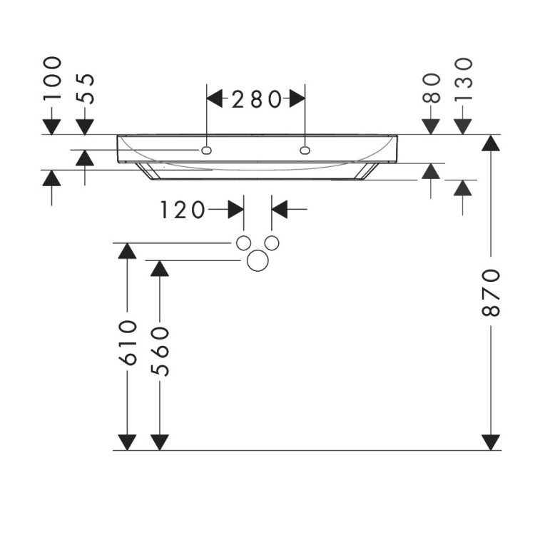 Vannas istabas izlietne Hansgrohe Xelu Q 800x480 mm ar 2 maisītāja caurumiem, plaukts kreisajā pusē 61031450