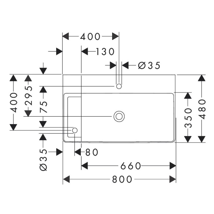 Vannas istabas izlietne Hansgrohe Xelu Q 800x480 mm ar 2 maisītāja caurumiem, plaukts kreisajā pusē 61031450