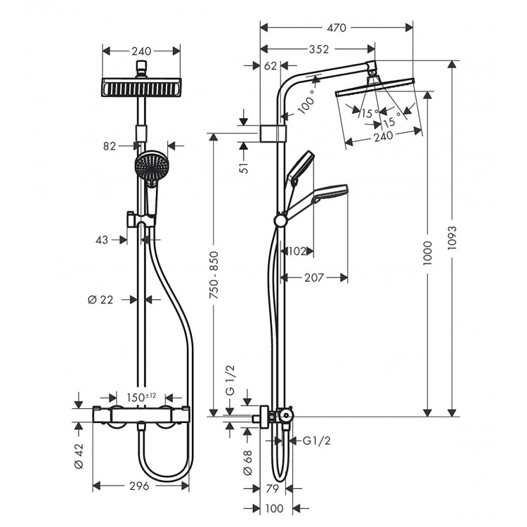 Termostata dušas sistēma Hansgrohe Crometta E 240 termosta, 26785000