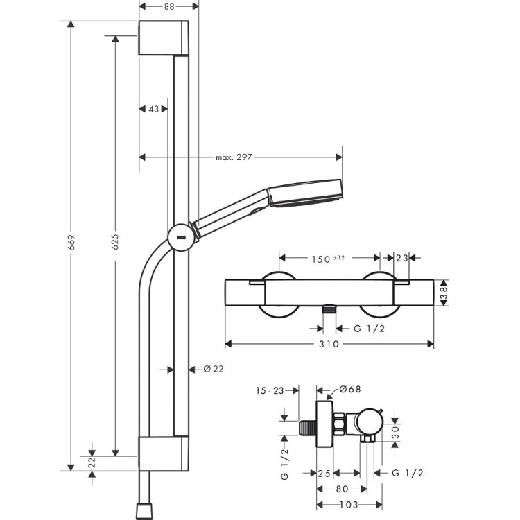 Dušas termostata maisītājs Hansgrohe Ecostat Fine ar Pulsify Select S 105 3jet dušu, 24262670
