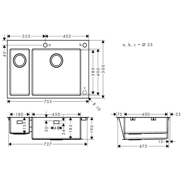 Virtuves izlietne Hansgrohe S712-F655 755x500mm, stainless steel