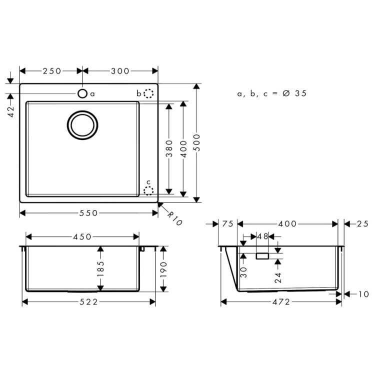 Virtuves izlietne Hansgrohe S711-F450 55x50cm, stainless steel
