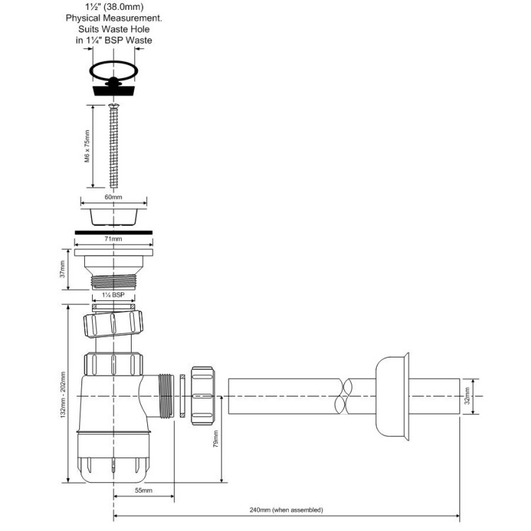 McAlpine Zems izlietnes sifons/glāze ar izplūdi 1.1/4 x 32mm