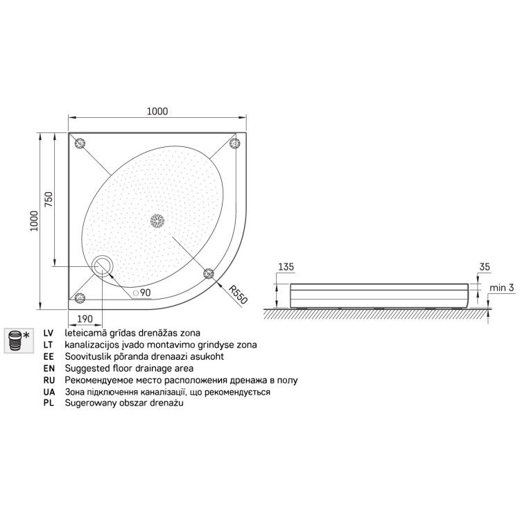 Dušas paliktnis pusapaļš PAA ART RO 100 R-550, 1000x1000