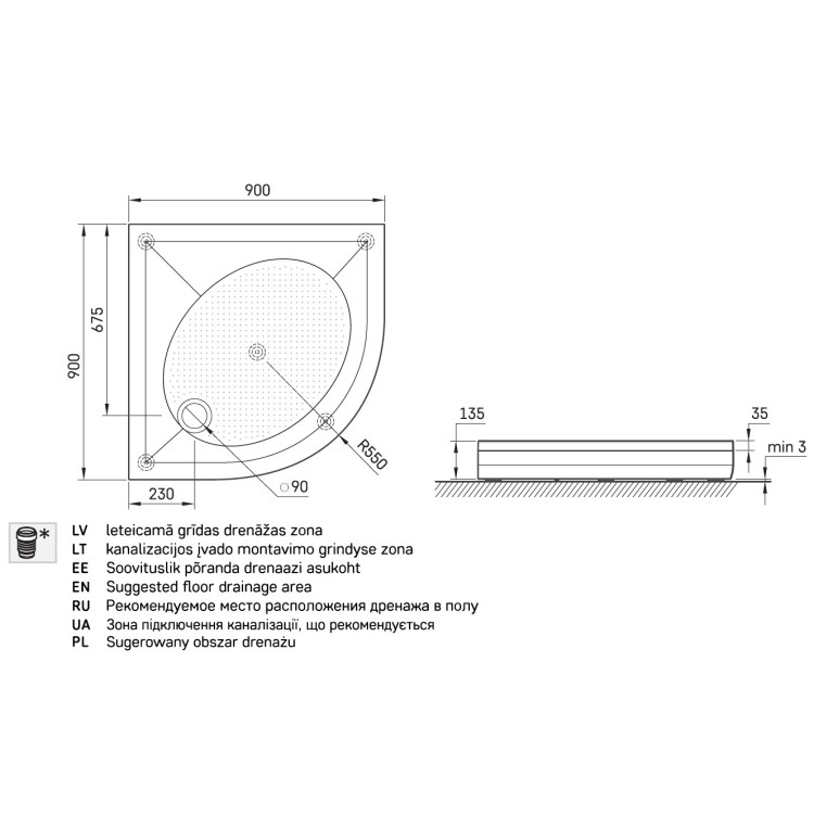 Dušas paliktnis pusapaļš PAA ART RO 90 R-550, 900x900