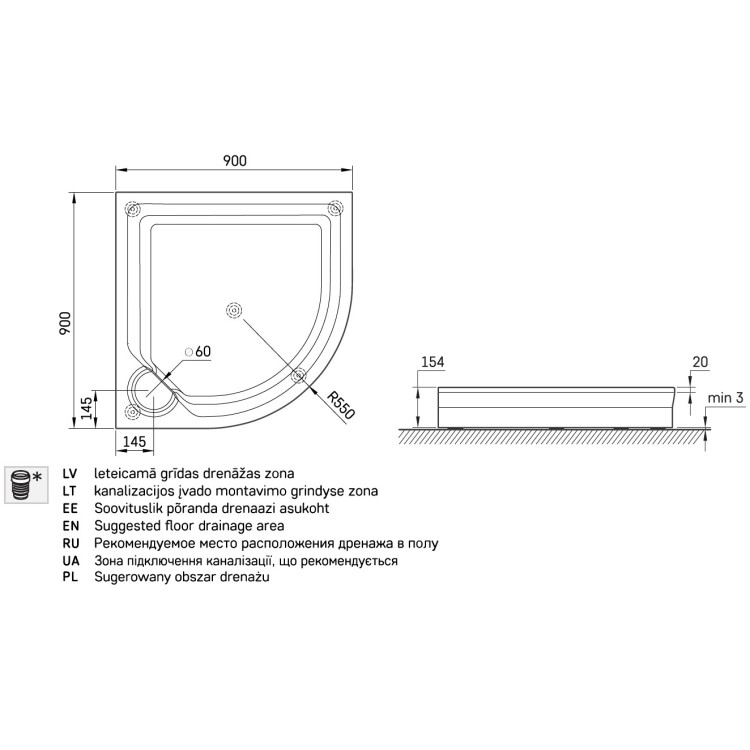 Dušas paliktnis pusapaļš PAA Classic NEW RO 90 R-550, 900x900