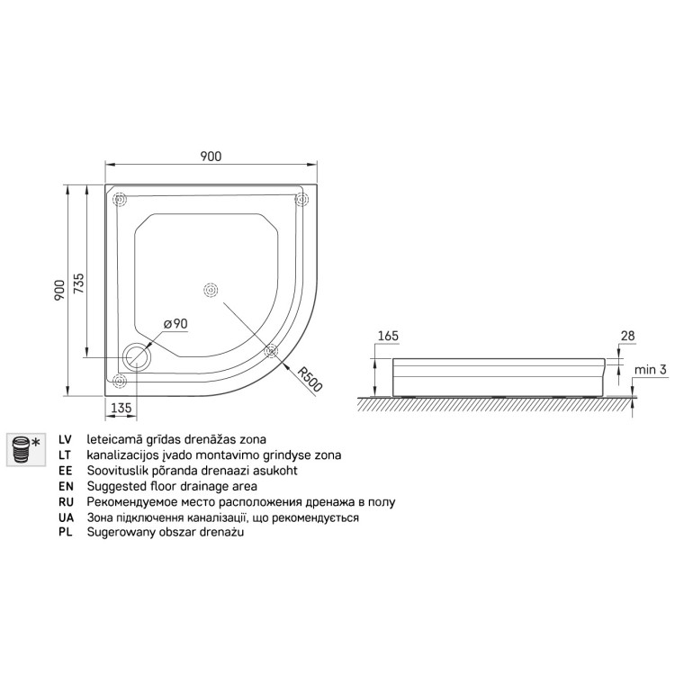 Dušas paliktnis pusapaļš PAA Classic RO 90 R-500, 900x900