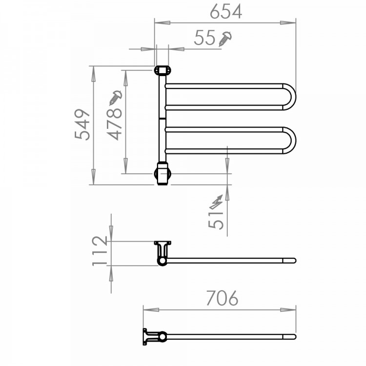 Elektriskais dvieļu žāvētājs PAX Flex U 2/650 Momento II 43W, nerūsējošais tērauds