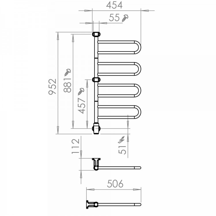 Elektriskais dvieļu žāvētājs PAX Flex U 4/450 Momento II 55W, nerūsējošais tērauds