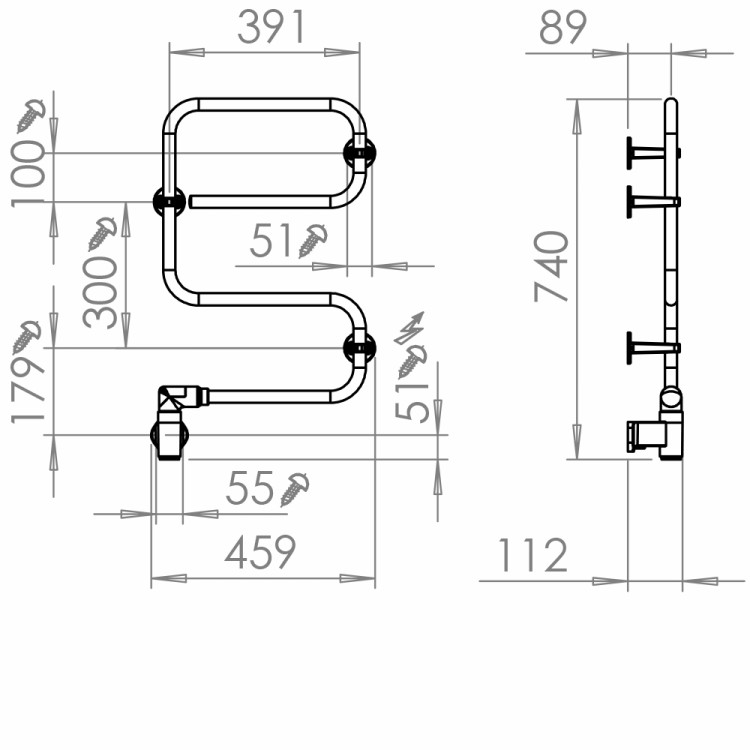 Elektriskais dvieļu žāvētājs PAX TR55 Momento II Lite 38W, nerūsējošais tērauds