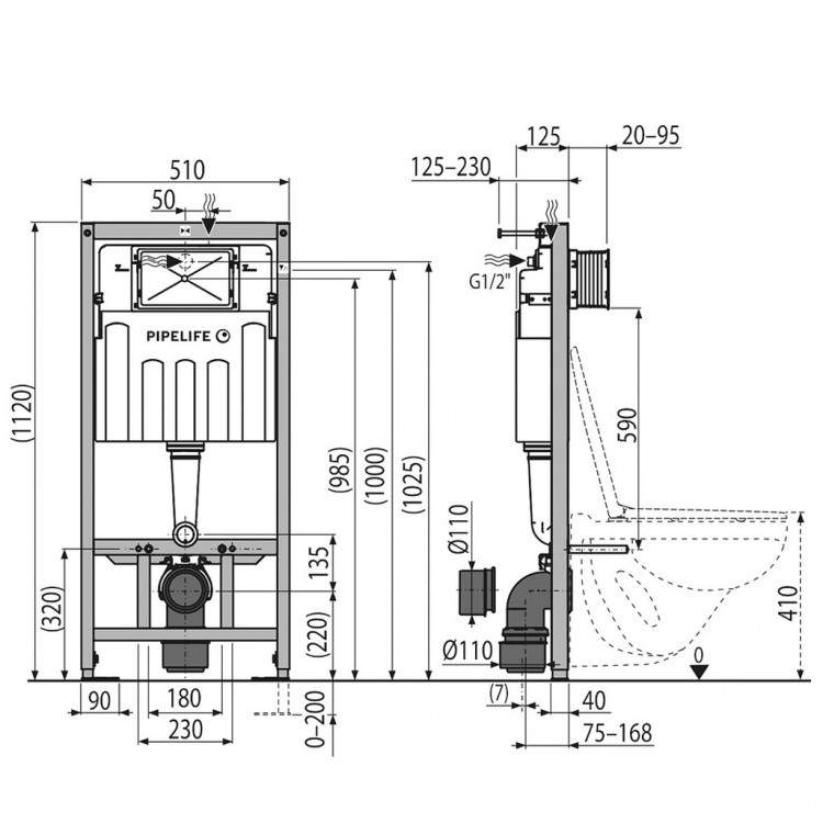 Iebūvējamais rāmis tualetes podam Pipelife ar baltu pogu, AP-WCSETLV