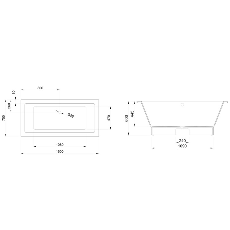 Taisnstūra vanna Polycer ONSEN 1600x755mm, balta