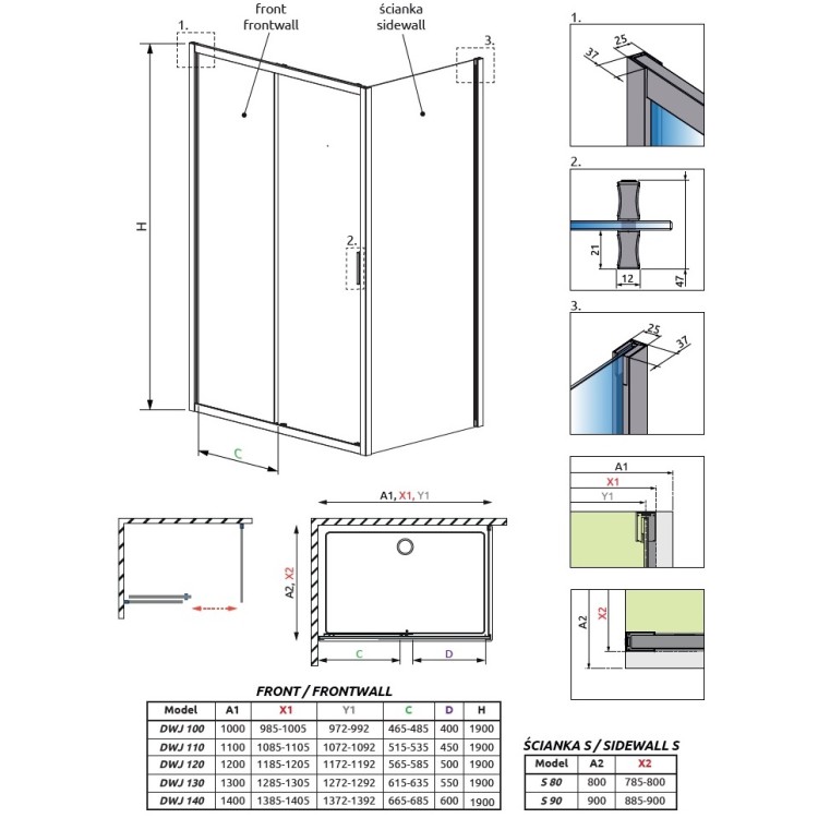 Dušas stūris taisnstūra Radaway Alienta Black DWJ+S 100x80 cm