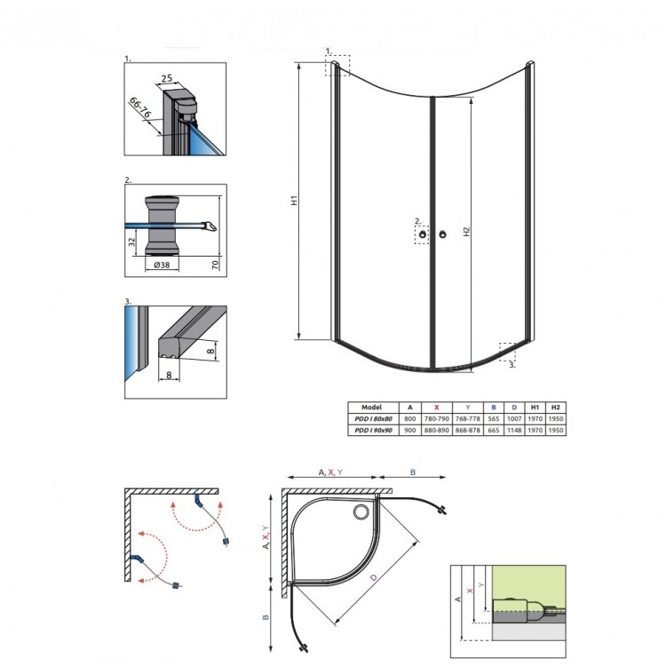 Dušas stūris pusapaļš Radaway Eos PDD I 80x80cm