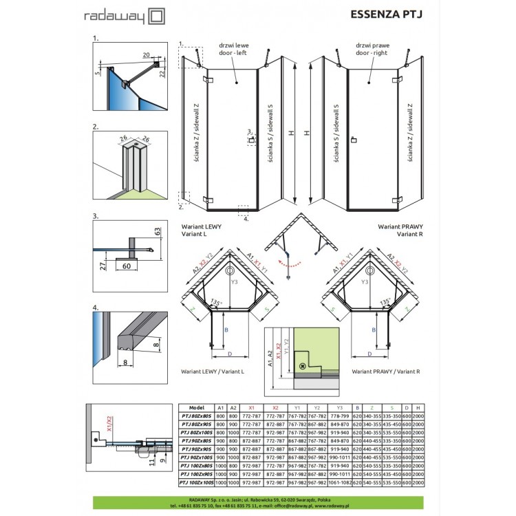 Dušas stūris piecstūru Radaway Essenza New Black PTJ 80x80 cm