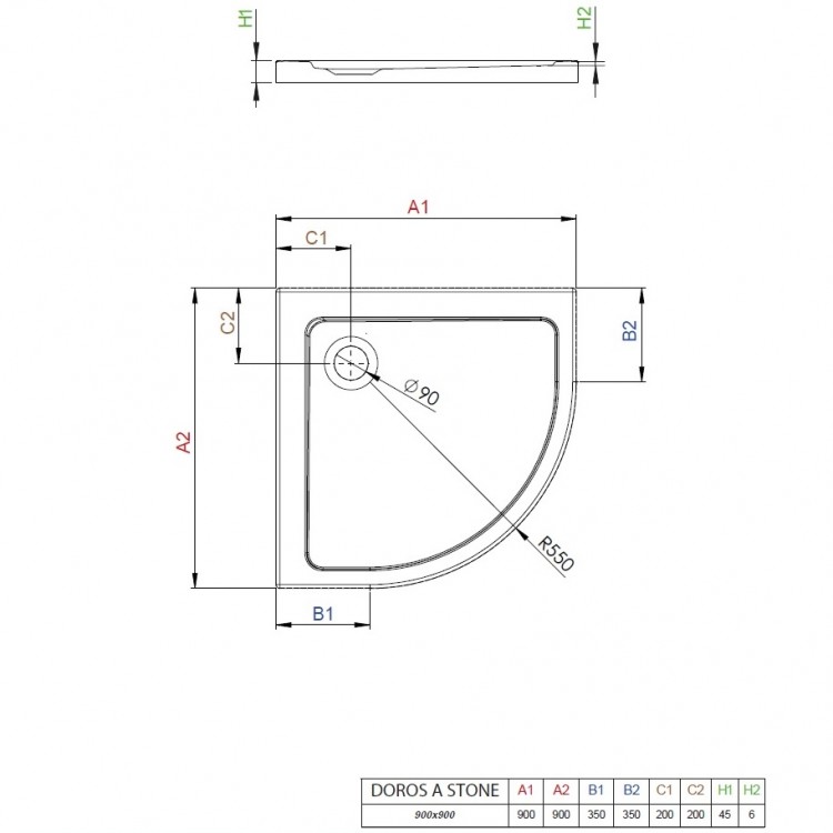 Dušas paliktnis pusapaļš Radaway Doros A 90x90, antracīts akmens