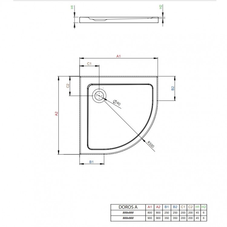 Dušas paliktnis pusapaļš Radaway Doros A 90x90, balts