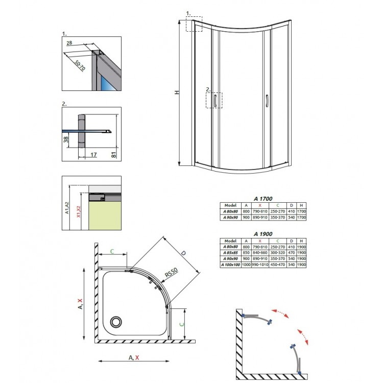 Dušas stūris pusapaļš Radaway Dolphi Premium Plus A 80x80