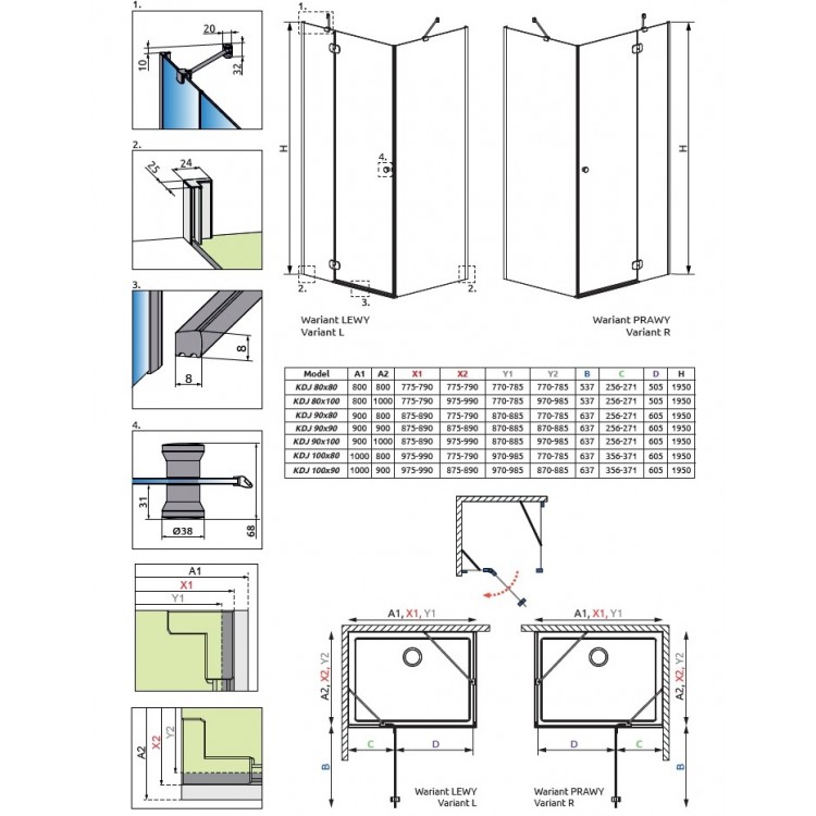 Dušas stūris kvadrātveida Radaway Torrenta KDJ 90x90 L/R