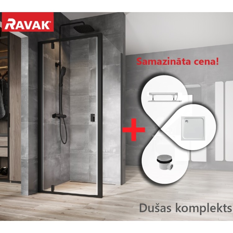 Dušas stūra komplekts kvadrātveida RAVAK Nexty NDOP1+NPSS 90x90 cm ar paliktni, melns