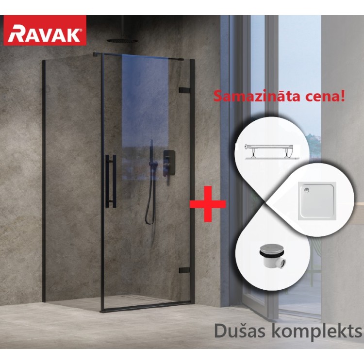 Dušas stūra komplekts kvadrātveida RAVAK Cool COSD1+COPS 90x90 cm ar paliktni, melns