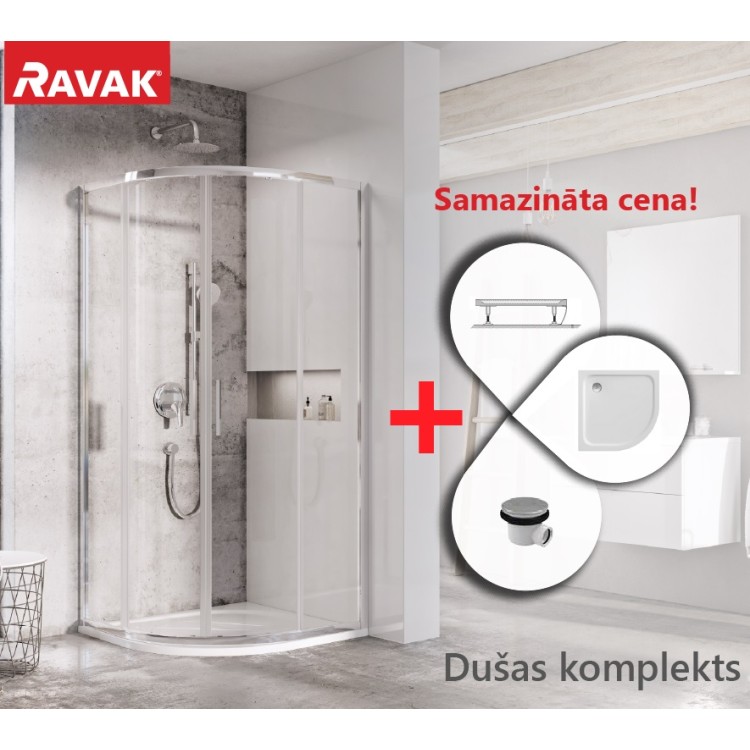 Dušas stūra komplekts pusapaļš RAVAK Blix Slim BLSCP4 90x90cm ar paliktni, spīdīgs