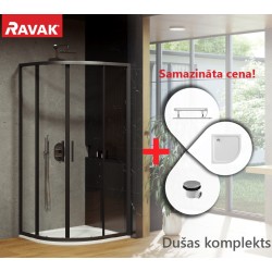 Dušas stūra komplekts pusapaļš RAVAK Blix Slim BLSCP4 90x90cm ar paliktni, melns