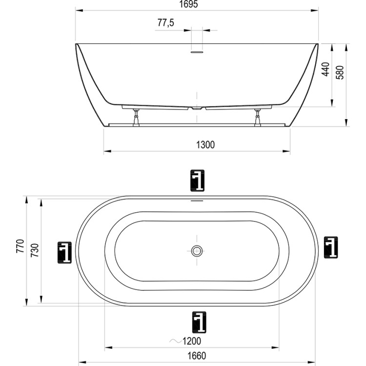 Brīvi stāvoša vanna Ravak FREEDOM O Tec 170x77 cm, pelēkzaļš/balts, notekas vāks-balts