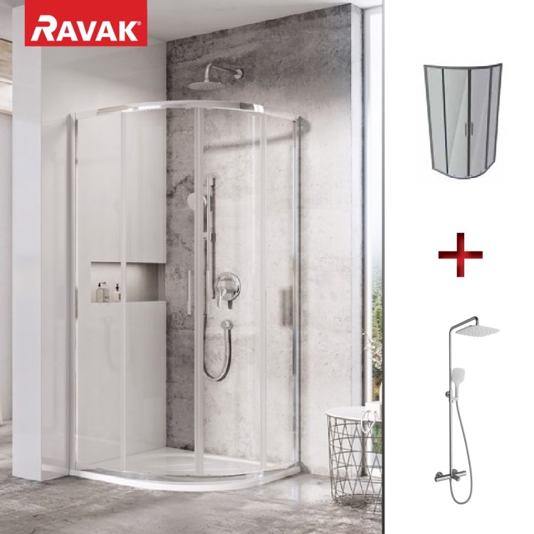 Dušas stūris pusapaļš RAVAK Blix Slim BLSCP4 90x90cm komplektā ar dušas sistēmu TE 092.00CR/WH