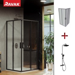 Dušas stūris kvadrātveida RAVAK BLSRV2 90x90 cm komplektā ar dušas sistēmu TD F 091.20BL