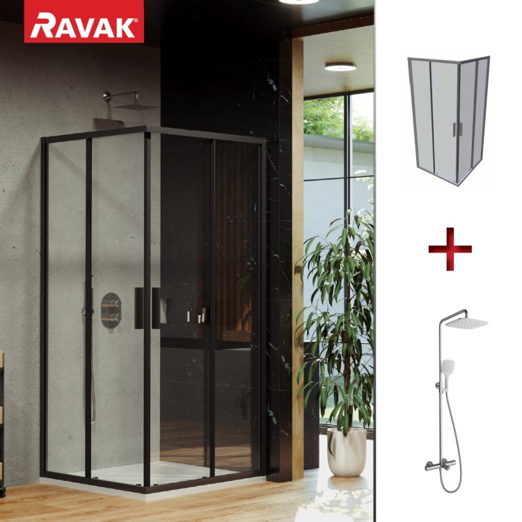 Dušas stūris kvadrātveida RAVAK BLSRV2 90x90 cm komplektā ar dušas sistēmu TE 092.00CR/WH