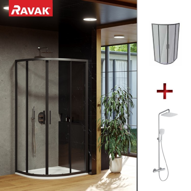 Dušas stūris pusapaļš RAVAK Blix Slim BLSCP4 80x80cm komplektā ar termostata dušas sistēmu TE 093.01CR/WH