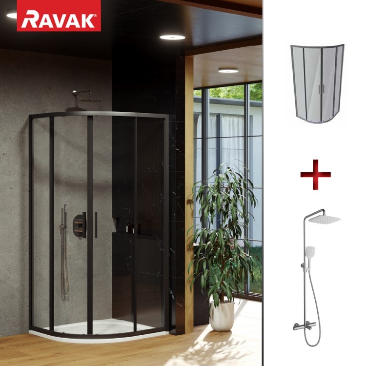 Dušas stūris pusapaļš RAVAK Blix Slim BLSCP4 90x90cm komplekta ar termostata dušas sistēmu TE 092.01CR/WH