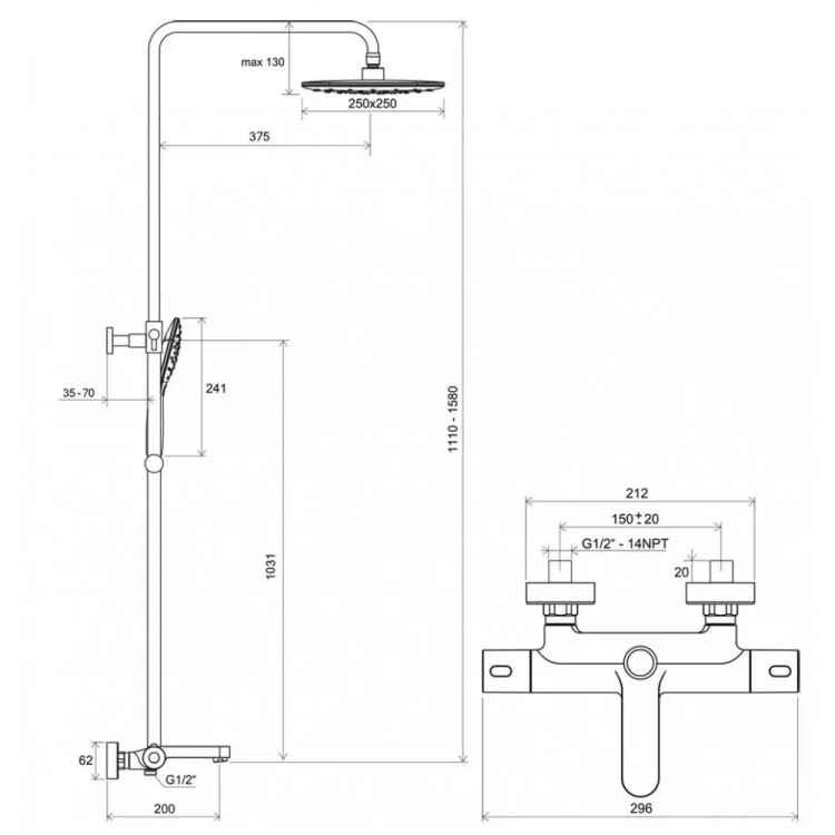 Dušas stūris pusapaļš RAVAK Blix Slim BLSCP4 80x80cm komplektā ar termostata dušas sistēmu TE 092.01CR