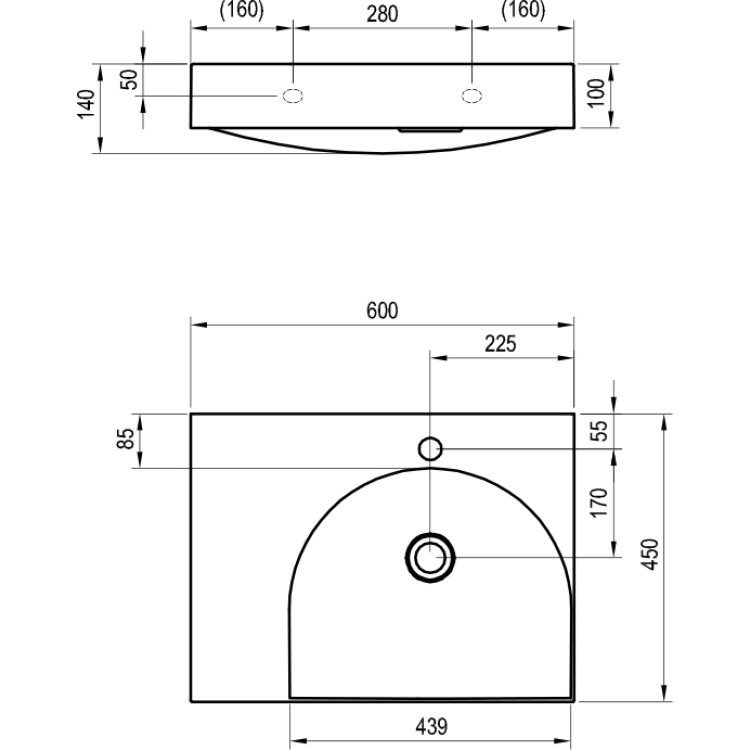 Vannas istabas izlietne RAVAK LITE 600/450 L 60x45 cm, XJXL1260000